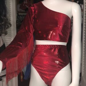 Velvet sparkly red festival fit, one fringe sleeve